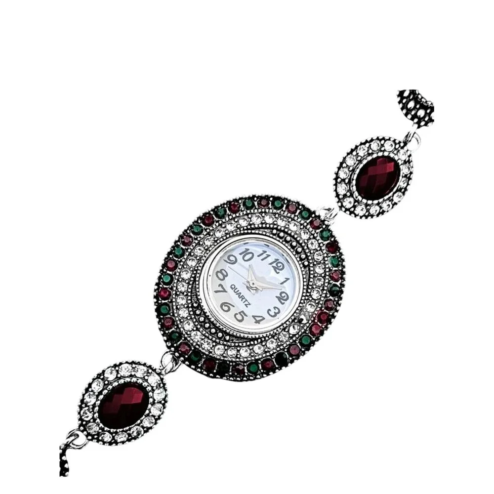 Vintage-Inspired Gemstone Bracelet‎ Watch – Red & Green Accents
